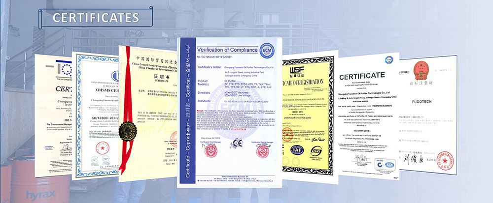 Certificates of ZYD insulating oil purifier machine